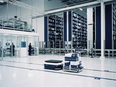 Clinical editorial photography of a modern high-tech logistics facility in Jakarta, sterile environment, deep navy and clean white tones, sharp focus, 35mm