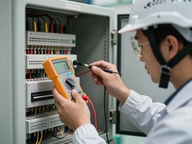 Close-up of an electrical engineer in full protective gear and helmet using a calibrated digital multimeter to test voltage inside an industrial panel, bright focused work lighting.