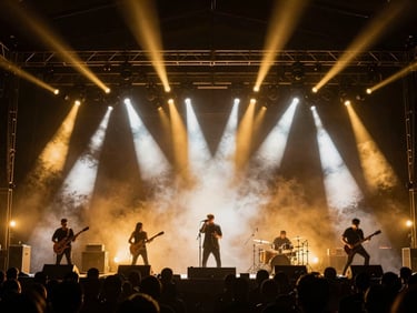 High-contrast shot of a live band performing under dramatic gold and white stage lights, smoke machine atmosphere.