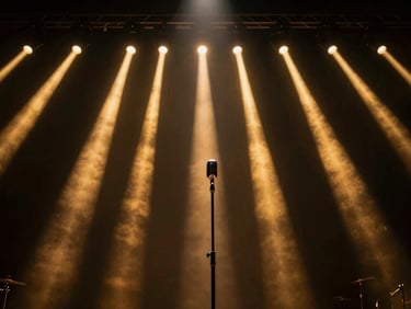 Close-up of a dynamic performance on a dark stage, warm golden spotlights highlighting a singer with a vintage microphone.