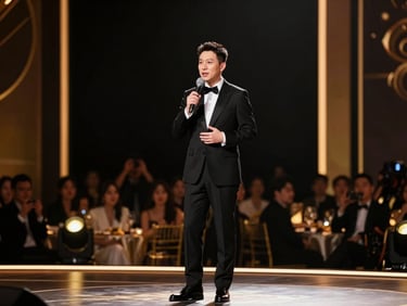 A charismatic host in a tailored black suit speaking at a luxurious corporate gala, warm ambient lighting.