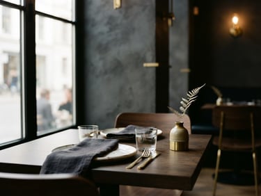 An architectural, close-up shot of a modern, empty restaurant interior with warm brass accents and deep charcoal surfaces under soft natural window light, 35mm.