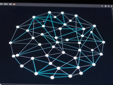 Close-up macro of a network topology diagram rendered on a dark monitor screen, intricate node connections and routing paths visible, cyan highlight lines tracing critical paths, high-contrast studio lighting, no human subjects