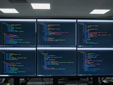 Wide environmental shot of a cloud infrastructure configuration screen showing multi-region deployment topology, terminal windows with dense YAML configuration visible, cool overhead lighting in a server operations room, no people in frame
