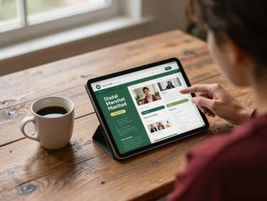 Over-the-shoulder shot of a digital marketer planning a social media feed on a tablet, a warm coffee cup nearby on a rustic wooden table, soft natural light