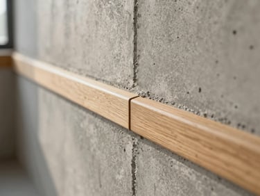Close-up of a material junction — raw concrete wall meeting a light oak threshold strip, shot with diffused north window light, no people, no props, sharp detail of the joinery seam, muted warm tones
