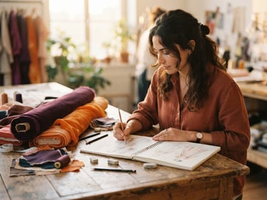 Warm editorial photo of a designer sketching on a wooden table, fabric rolls of deep purple and orange nearby, soft golden-hour window light, shallow depth of field, 35mm
