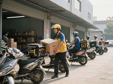 A medium shot of delivery drivers loading boxes onto motorbikes outside a distribution center, bright natural morning light, structured layout.
