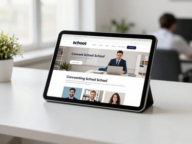 A clean modern workspace in Bihar with a tablet displaying a high-converting school website home page, bright natural light, sharp focus, professional corporate environment