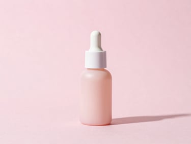 Clean product portrait of a serum bottle on a pastel pink background, casting gentle shadows under soft diffused daylight, minimalist composition, 50mm lens.