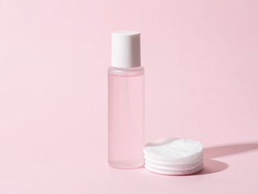 Clean product portrait of a toner bottle with a single cotton pad on a pastel pink background, casting gentle shadows under soft diffused daylight, minimalist composition, 50mm lens.