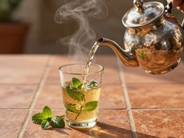 Atmospheric close-up of fresh mint tea being poured from a silver teapot into an ornate glass, steam rising, warm terracotta tiled table background, golden hour sunlight.