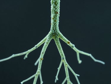 Macro photography of root colonization under cool-toned backlighting, showing active microbial persistence, sharp focus, scientific depth of field.