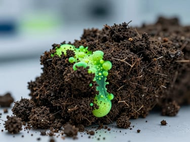Macro scientific photography of soil structures colonized by fluorescent green bio-stimulants, cool side-lit laboratory environment, sharp focus