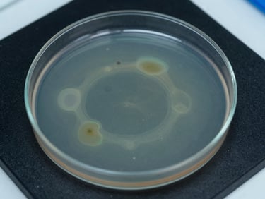 High-resolution laboratory assay showing distinct zones of inhibition in a petri dish culture, sharp focus, cool-toned laboratory lighting, sterile black and cyan accents