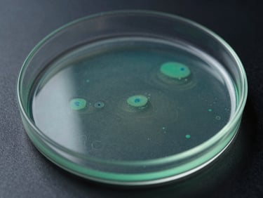 Macro scientific photography of a petri dish culture showing active zones of inhibition, cool laboratory lighting, deep charcoal and bio-luminescent green tones, sharp focus.