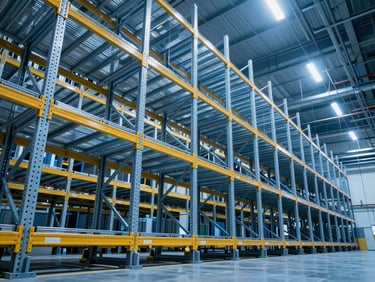 Dynamic low-angle shot of clean-lined automated high-bay racking system with cool blue and yellow lighting, emphasizing industrial scale