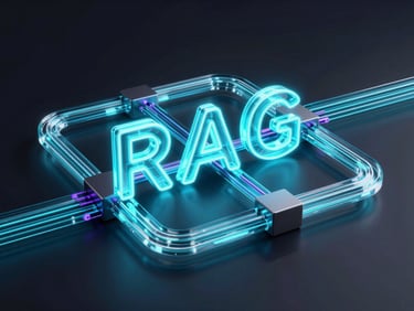 sleek 3D render of a complex RAG pipeline architecture, glowing neon cyan data flow, glassmorphism, cinematic studio lighting, octane render