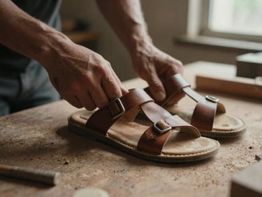 Close-up of hands lasting a leather sandal over a wooden mold in a dusty workshop, warm side-lighting
