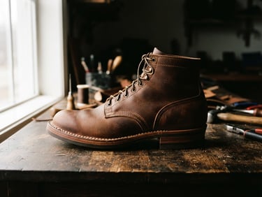 Side profile of a finished tobacco brown leather boot resting on a dark oak workbench, dramatic side window light highlighting the heavy-gauge linen stitching and thick leather edges, shallow depth of field, 35mm film grain.