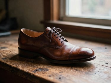 Profile shot of a classic brown leather oxford shoe resting on an old oak workbench, soft side-lighting