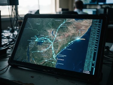A high-fidelity digital interface showing a satellite map of East Africa, glowing cyan tracking paths, GPS coordinate overlays, and real-time transaction tickers.