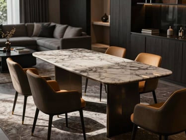 A luxury modern living room featuring a perfectly placed marble dining table and designer chairs, warm natural light casting soft shadows.