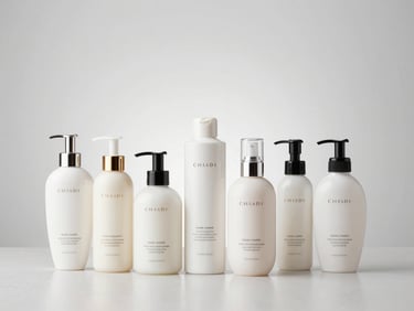 Straight-on clean commercial shot of premium cosmetics bottles on a light gray reflective surface, soft diffused shadows