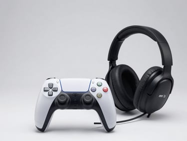 Crisp studio shot of a PlayStation controller and gaming headset on a clean gray background, high-key lighting, sharp focus