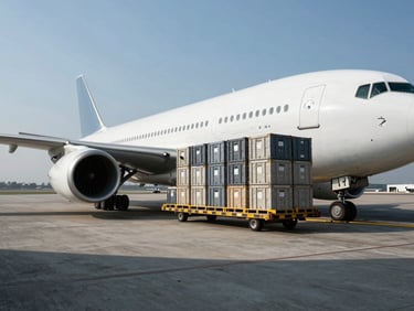 Wide shot of a large-scale cargo plane on a tarmac being loaded with heavy industrial crates, high-contrast cool-toned daylight, stark shadows, operational precision.