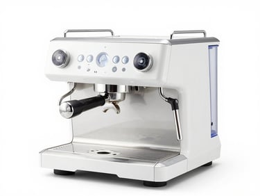 Bright high-key studio shot of a modern minimalist espresso machine on a clean white background, sharp focus