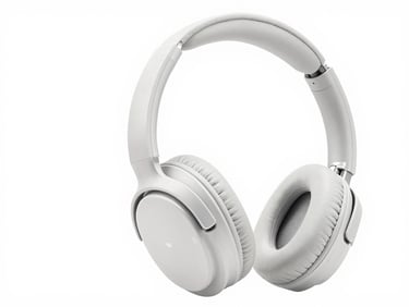 Bright high-key studio shot of premium noise-canceling headphones on a clean white background, sharp focus