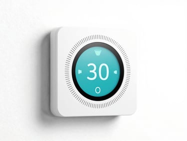 Bright high-key studio shot of a sleek smart thermostat on a clean white background, sharp focus