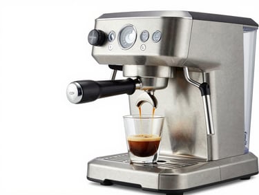 A premium stainless steel espresso machine brewing espresso into a glass cup, clean white background, sharp studio light