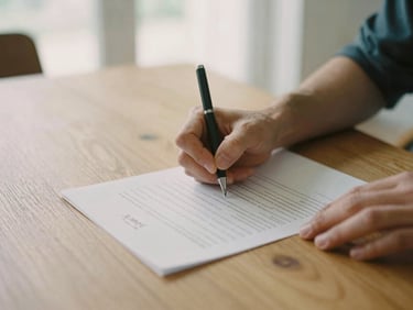 A close-up of hands signing paperwork on a solid oak table, soft natural overcast light, warm editorial style, 35mm film look.