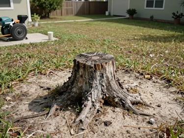 Wide shot of a residential backyard in Florida, a weathered oak stump sitting on dry sandy soil surrounded by sparse grass, natural daylight, no people, grinder machine parked nearby on the left edge