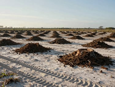 Environmental wide shot of a cleared Florida land parcel, freshly ground stumps reduced to mulch mounds across sandy soil, grinder tracks visible in foreground, open sky, natural afternoon daylight, no people