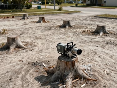 Wide documentary shot of a commercial property lot in Florida, multiple stumps of varying sizes on bare sandy earth, grinder machine positioned over one stump mid-grind, wood chips scattered, natural daylight, no people in frame