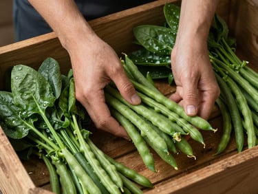 Overhead tight crop of hands sorting fresh green beans and spinach bundles in a wooden crate, water droplets still visible on leaves, early-morning soft directional light from one side