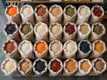 Overhead flat-lay grid arrangement of dry grocery staples — lentils, rice, whole spices, and pulses in open sacks arranged in rows on a warehouse floor under diffused north-facing daylight