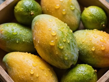 Extreme close-up overhead of a crate of fresh mangoes and green limes wet with early-morning dew, tight crop showing ripeness and skin texture, soft diffused daylight from above, no shadows