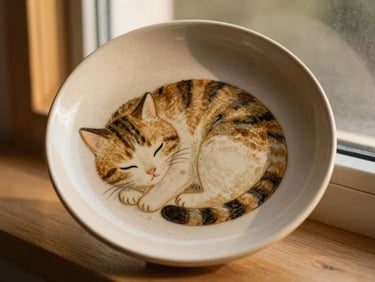 Hand-painted ceramic plate featuring a whimsical illustration of a sleeping cat, shot under warm window light