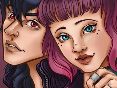 dos jovenes una con cabello violeta y percing y otra cablleo azul