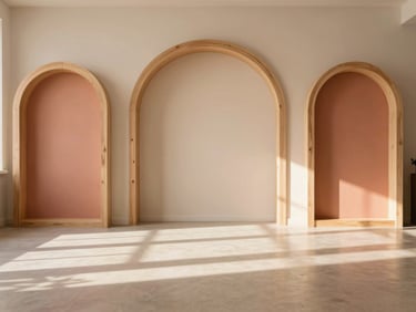 Beautifully lit empty event space with custom wooden arches and minimalist brand signage, warm natural daylight casting long soft shadows, editorial photography