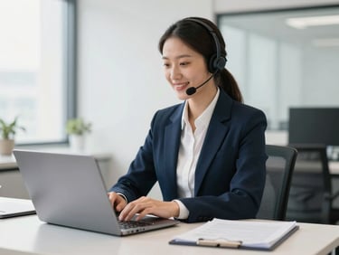 Customer service professional typing on a laptop, friendly and efficient, bright office environment, corporate photography, 35mm.