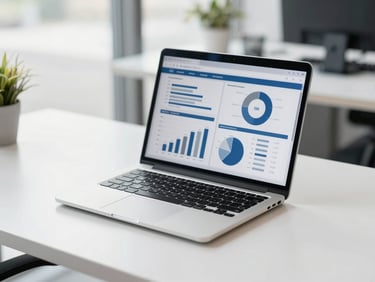 Clean desk setup with a laptop displaying business analytics, focused professional, bright natural office lighting, corporate photography, 35mm.
