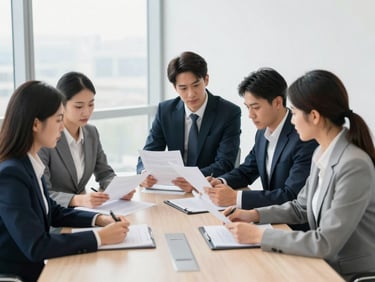 Team members collaborating over documents in a modern meeting room, professional corporate photography, bright natural light, 35mm.