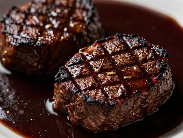 Extreme close-up of Filet de Bœuf Sauce Truffe, perfectly seared, rich dark sauce, dramatic side-lighting, deep shadows, rich bordeaux and gold tones, 35mm