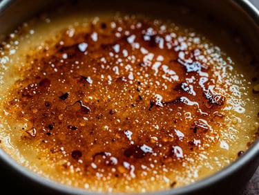 Extreme close-up of a Crème Brûlée, perfectly caramelized sugar crust, soft golden glow, dramatic side-lighting, deep shadows, rich bordeaux and gold tones, 35mm