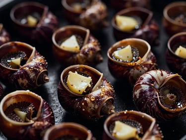 Extreme close-up of Escargots de Bourgogne, garlic butter glistening, dramatic side-lighting, deep shadows, rich bordeaux and gold tones, 35mm